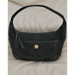 Coach Signature C Hobo Shoulder Bag Black Monogram Leather Trim Zip Top Hobo U2K